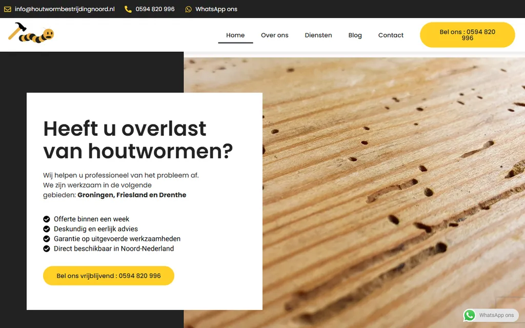 Homepage van houtwormbestrijdingnoord.nl